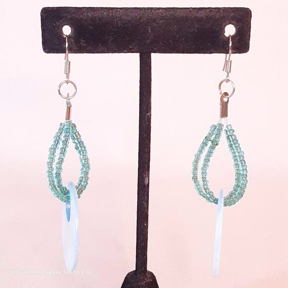 60s Style Dangle Drop Earrings Poweder Blue Iridescent Discs On Seed Bead Loops - Picture 1 of 6